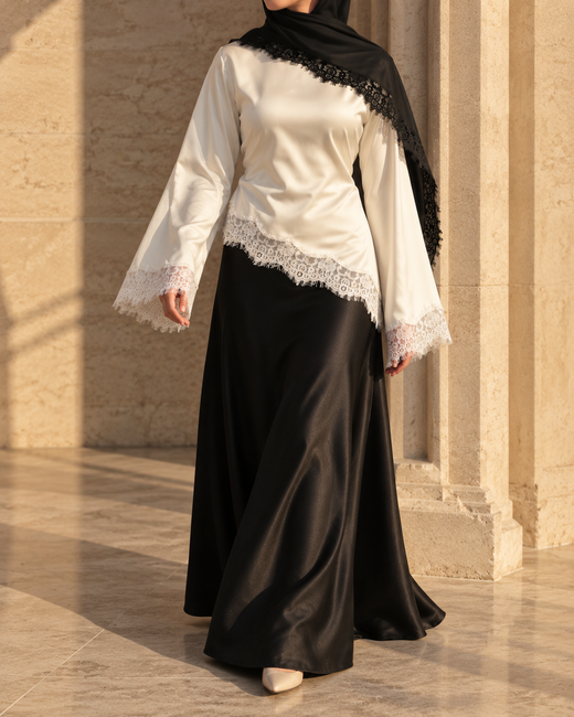 Luna Satin Set – Lace Satin Blouse & Maxi Skirt