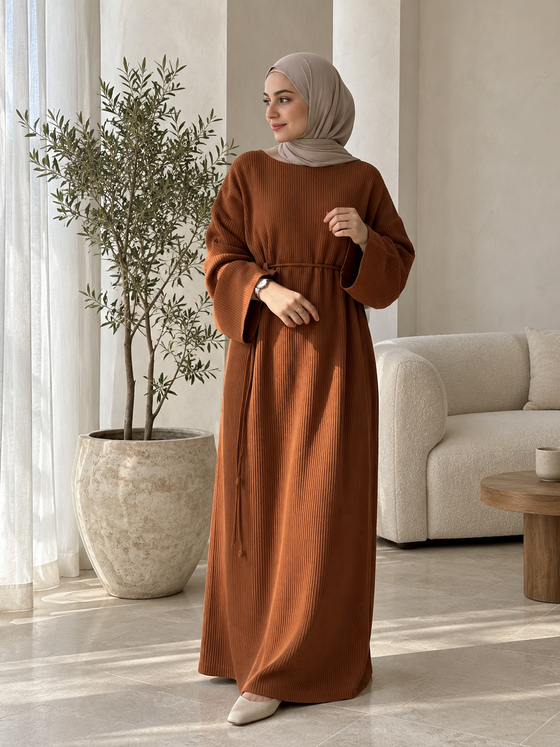 Ribbed Belted Modest Maxi Dress | Qissaat