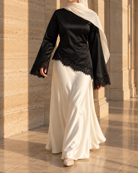 Luna Satin Set – Lace Satin Blouse & Maxi Skirt detail