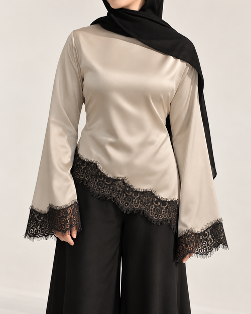 Champagne asymmetric lace satin blouse