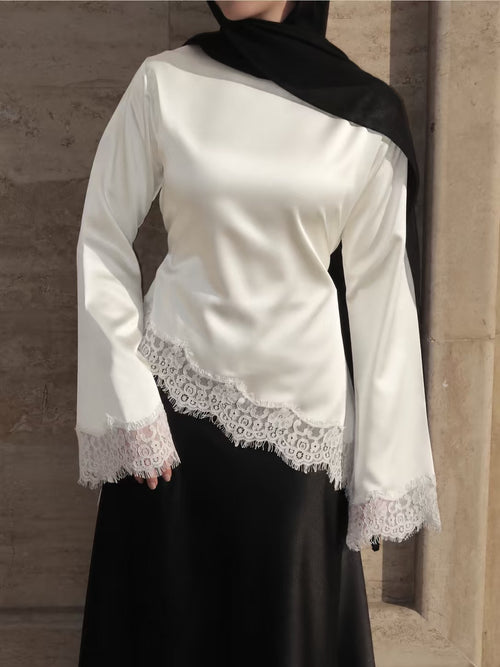 Ivory asymmetric lace satin blouse