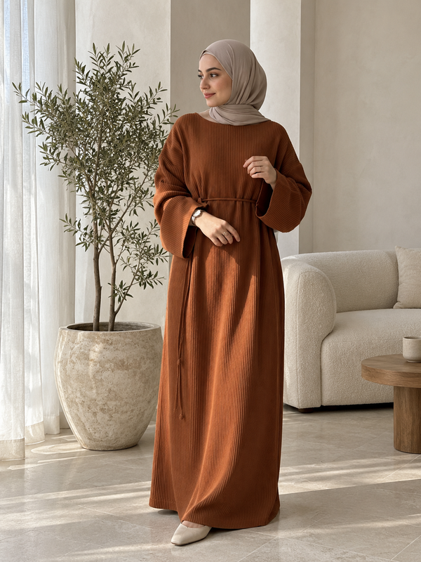 Ribbed Belted Modest Maxi Dress | Qissaat