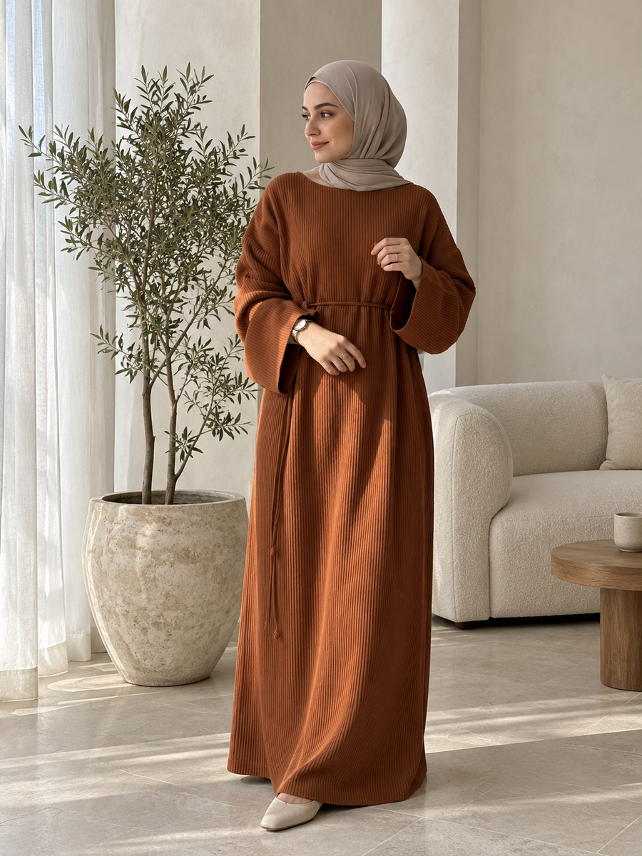 Ribbed Belted Modest Maxi Dress | Qissaat
